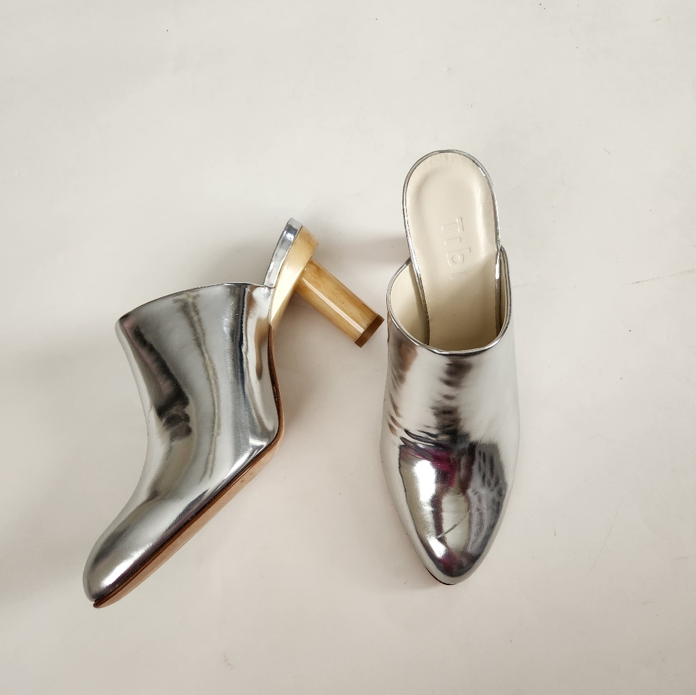 TIBI Zoe silver mules, round wooden heel, size 35, made in Italy